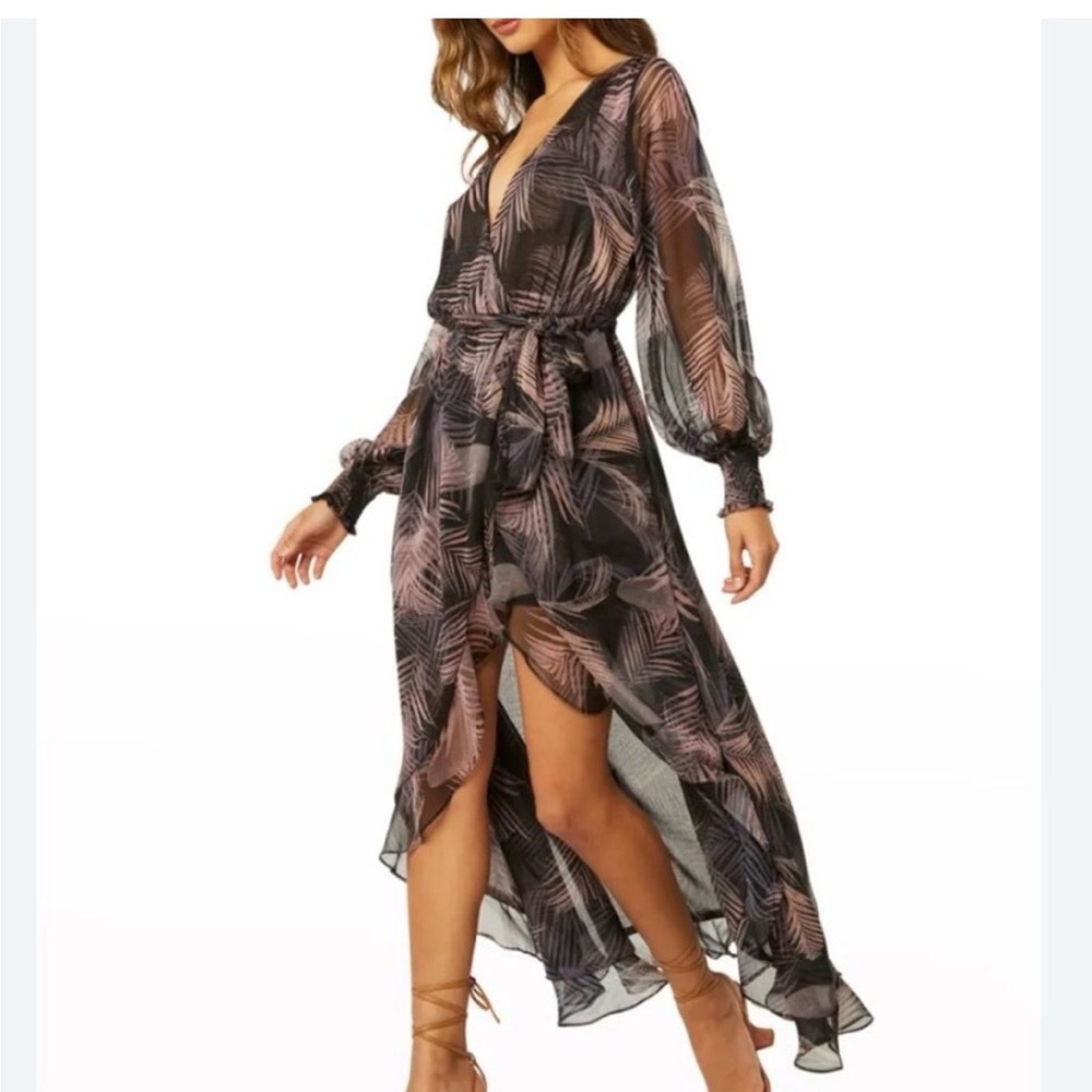 Misa Los Angeles Sheer Black and Blush Leaf-Print Wrap Maxi Dress